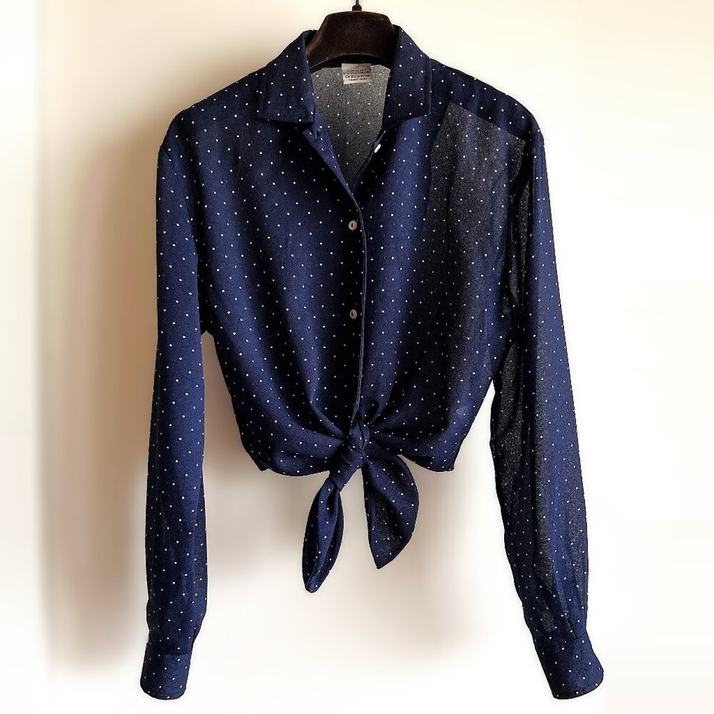 United Colors of Benetton Navy Blue Polka Dots Long Sleeve Shirt, size SMALL